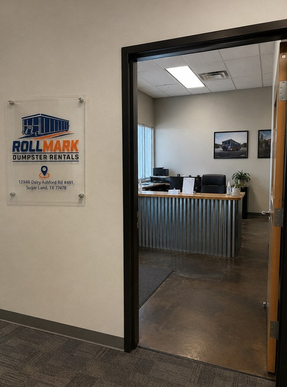 Rollmark Dumpster Rentals office signage listing 12946 Dairy Ashford Rd #491, Sugar Land, TX 77478