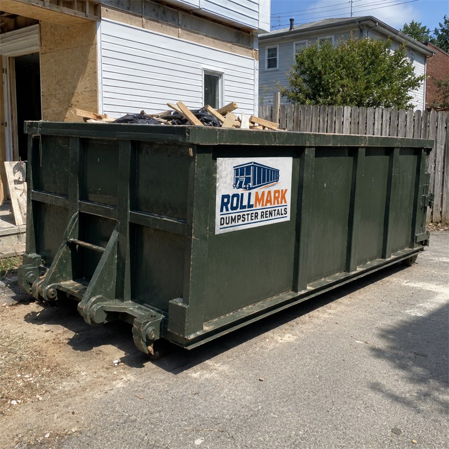 Loaded Rollmark dumpster at a renovation cleanup site